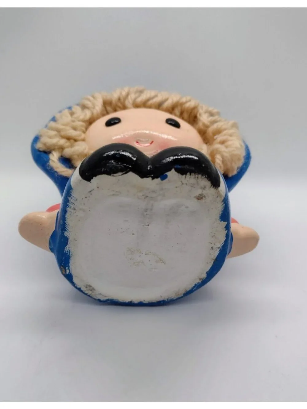 Vintage My Neil Chalkware Girl Planter Yarn Hair Kitsch Handpainted Blue READ